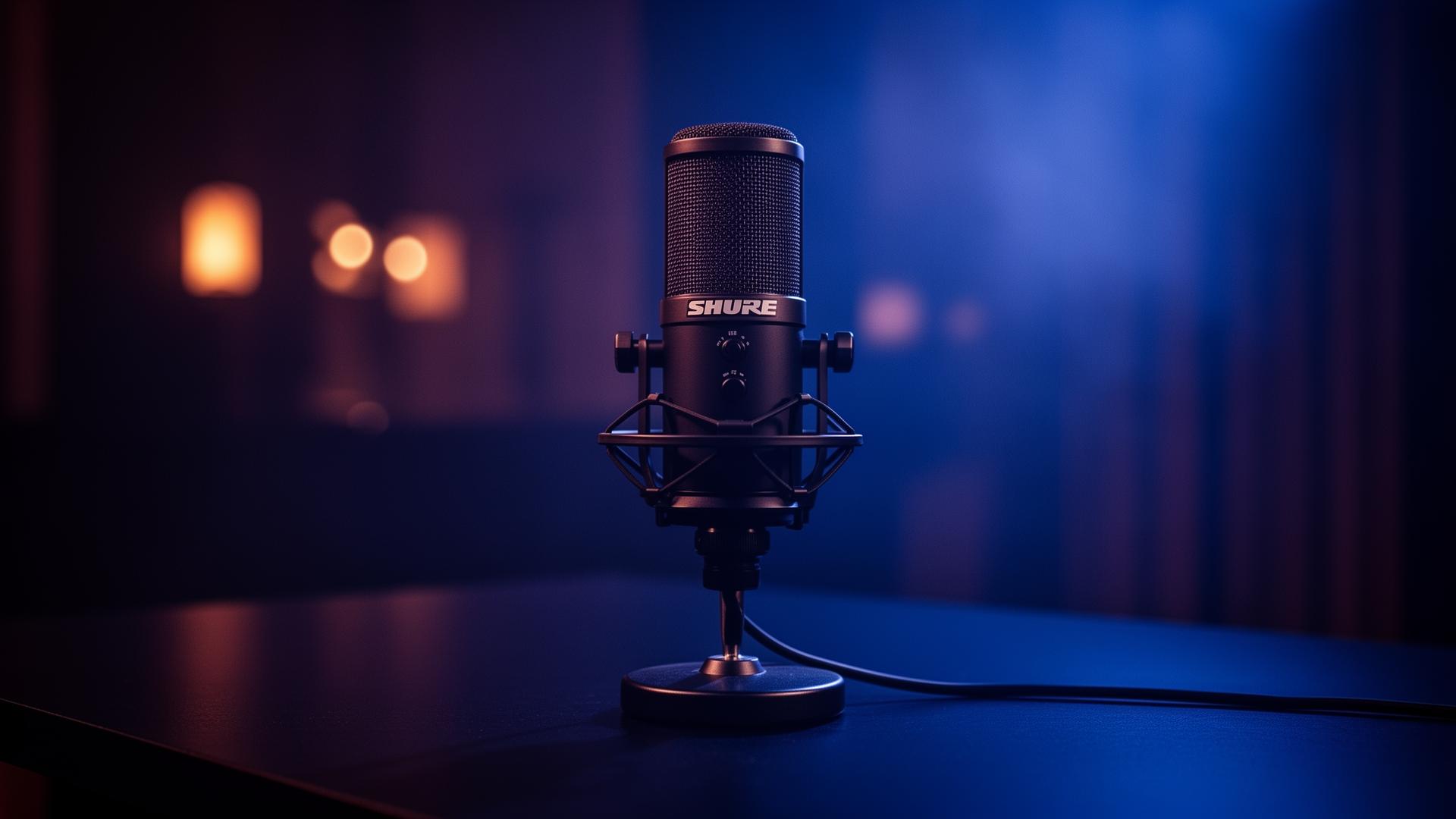 Studio microphone lit by deep blue stage lights